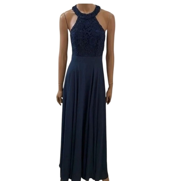 Lulu's Navy Blue Chiffon Lace Bodice Halter Gown NWT Sz L - Picture 9 of 14